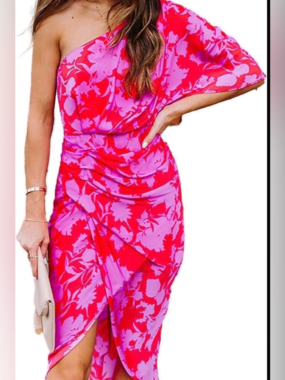 DO+BE Women’s One Shoulder Pink/Red Floral Ruched Midi Ruffled Sleeve Dress-S